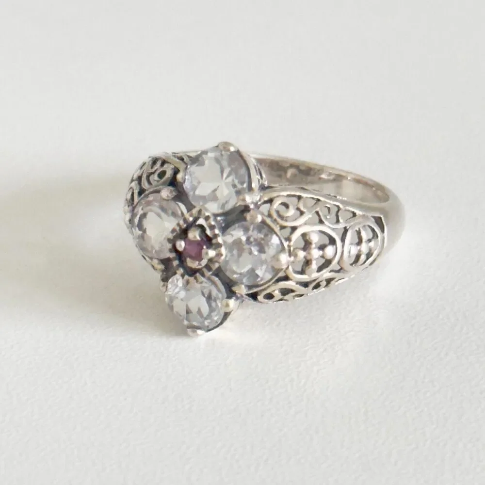 CNA Designer 925 Sterling Silver White Topaz & Ruby Filigree Flower Ring Size 8